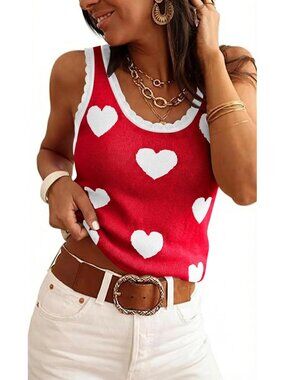 👑 Women Red Heart Printed Sleeveless Scoop Neck Ribbed Knit Shirt  Sweater Vest